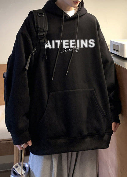 Black Pockets Loose Warm Fleece Spring Men Sweatshirt Hooded YQ024