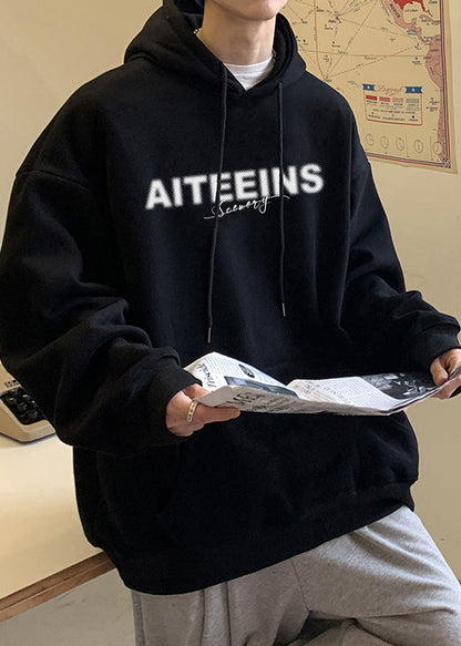 Black Pockets Loose Warm Fleece Spring Men Sweatshirt Hooded YQ024