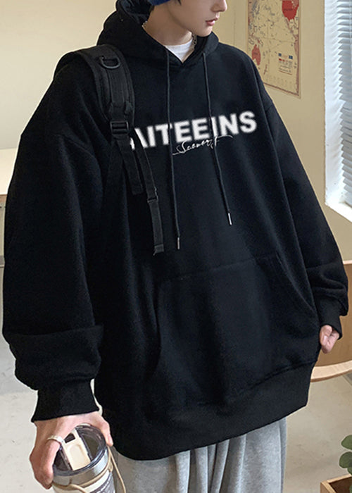 Black Pockets Loose Warm Fleece Spring Men Sweatshirt Hooded YQ024