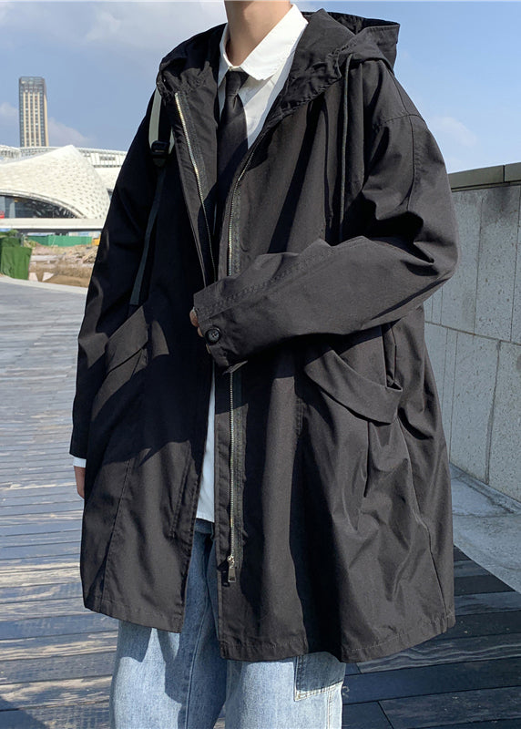 Black Pockets Solid Cotton Men Coat Hooded Spring YQ016