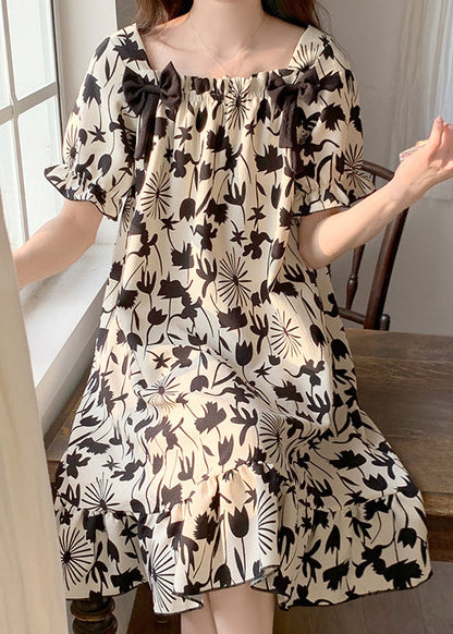 Black Print Bow Pajamas Dresses Square Collar Butterfly Sleeve YK017