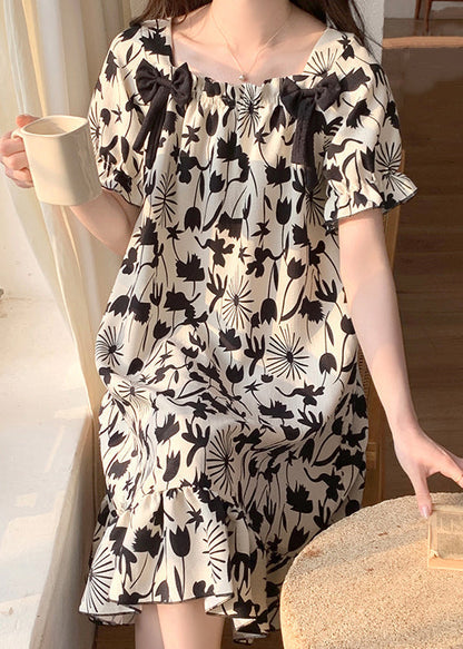 Black Print Bow Pajamas Dresses Square Collar Butterfly Sleeve YK017