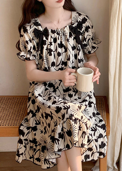Black Print Bow Pajamas Dresses Square Collar Butterfly Sleeve YK017