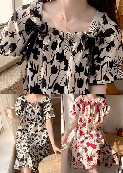 Black Print Bow Pajamas Dresses Square Collar Butterfly Sleeve YK017
