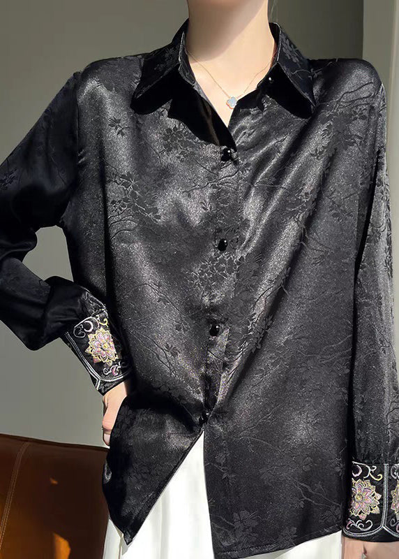 Pan Peter Shirt Button Silk Collar Black Print Fall