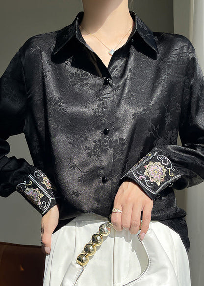 Pan Peter Shirt Button Silk Collar Black Print Fall