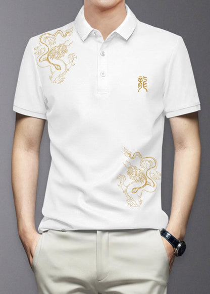 Black Button Cotton Shirt Polo Print Summer Men Fit Slim