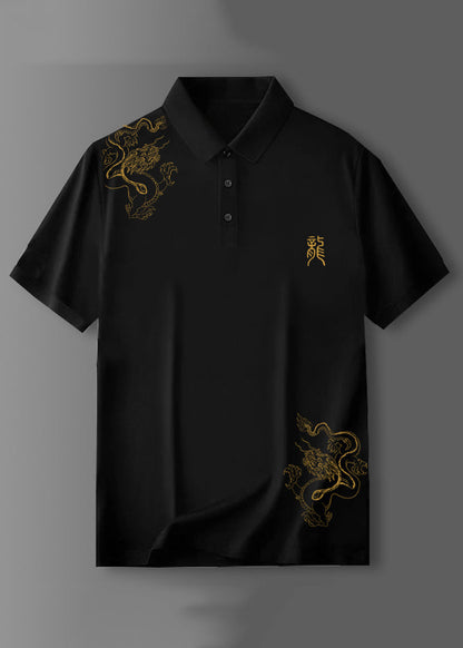 Black Button Cotton Shirt Polo Print Summer Men Fit Slim