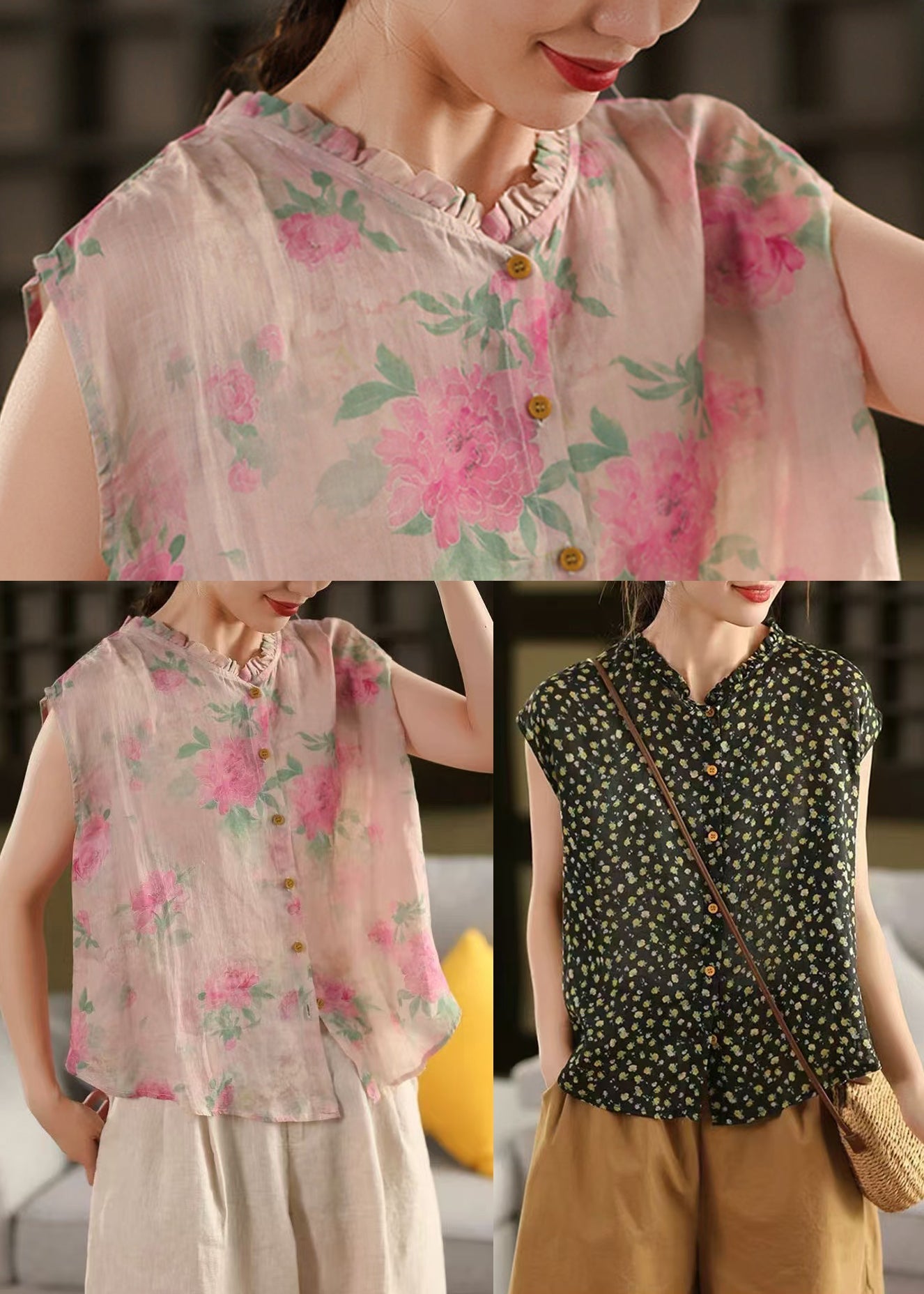 Sleeveless Linen Ruffled Beach Black Vest Print