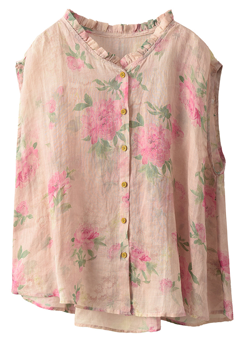 Sleeveless Linen Ruffled Beach Black Vest Print