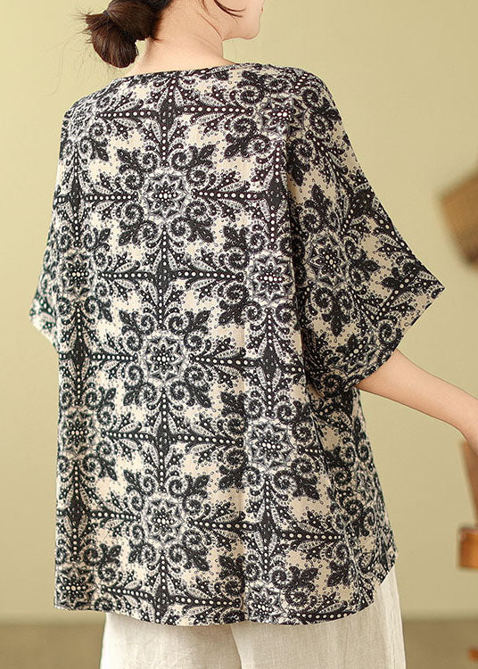 Black Print Loose Cotton Top O Neck Short Sleeve AP088