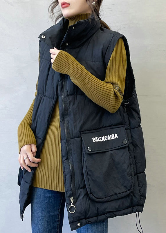 Black Print Pockets Cotton Filled Waistcoat Stand Collar Spring YW011