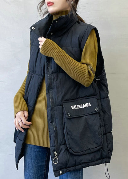 Black Print Pockets Cotton Filled Waistcoat Stand Collar Spring YW011