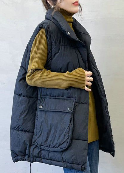 Black Print Pockets Cotton Filled Waistcoat Stand Collar Spring YW011