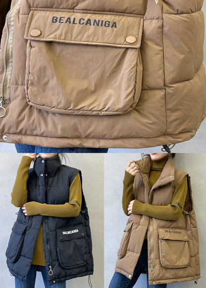 Black Print Pockets Cotton Filled Waistcoat Stand Collar Spring YW011