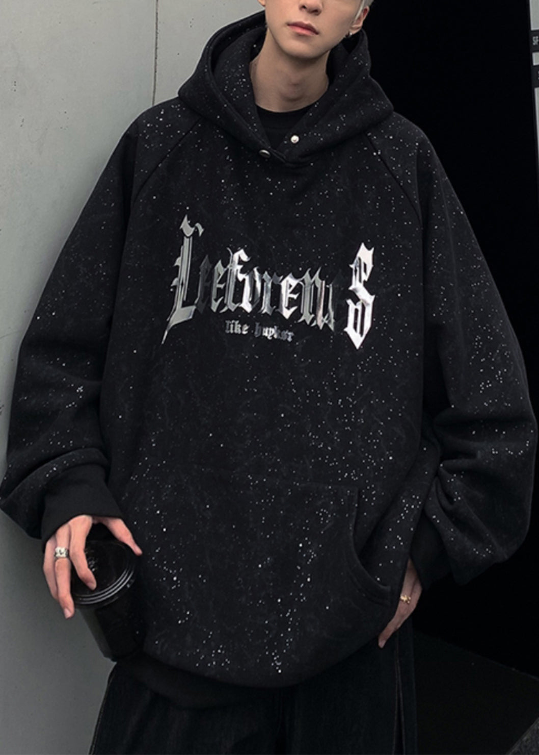 Cotton Pockets Spring Men Sequins Black Sweatshirt Hooded Print