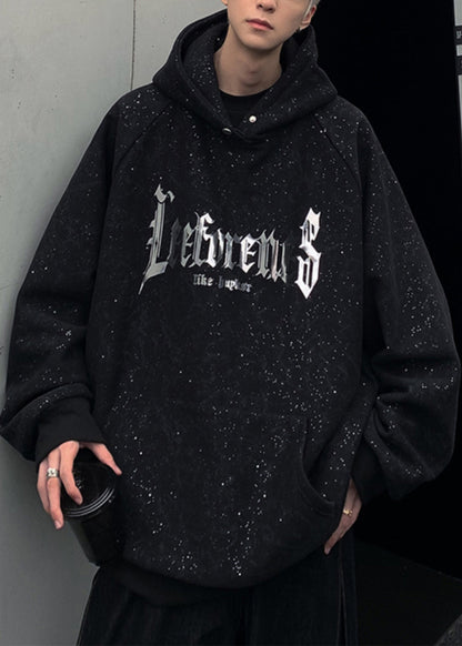 Cotton Pockets Spring Men Sequins Black Sweatshirt Hooded Print