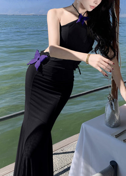 Black Long Butterfly Out Hollow Ruffled Sleeveless Tulle Dresses