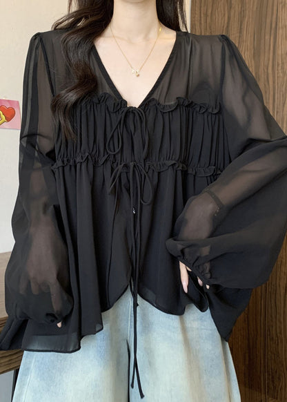 Chiffon Neck V Lace Up Ruffled Blouses Black Fall