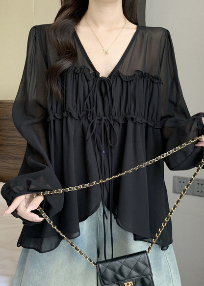 Chiffon Neck V Lace Up Ruffled Blouses Black Fall