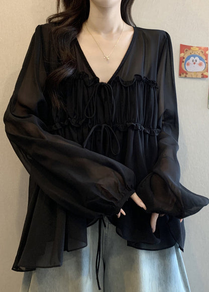 Chiffon Neck V Lace Up Ruffled Blouses Black Fall