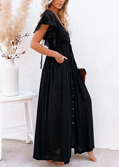 Black Patchwork Long Summer Dress Solid Ruffled