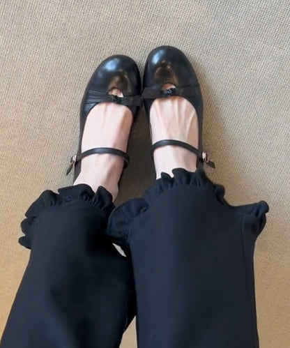 Chunky Sheepskin Strap Black Splicing Shoes Bow Buckle