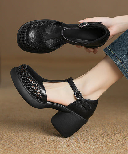 Sheepskin Out Strap Buckle Chunky Black Splicing Hollow Heel