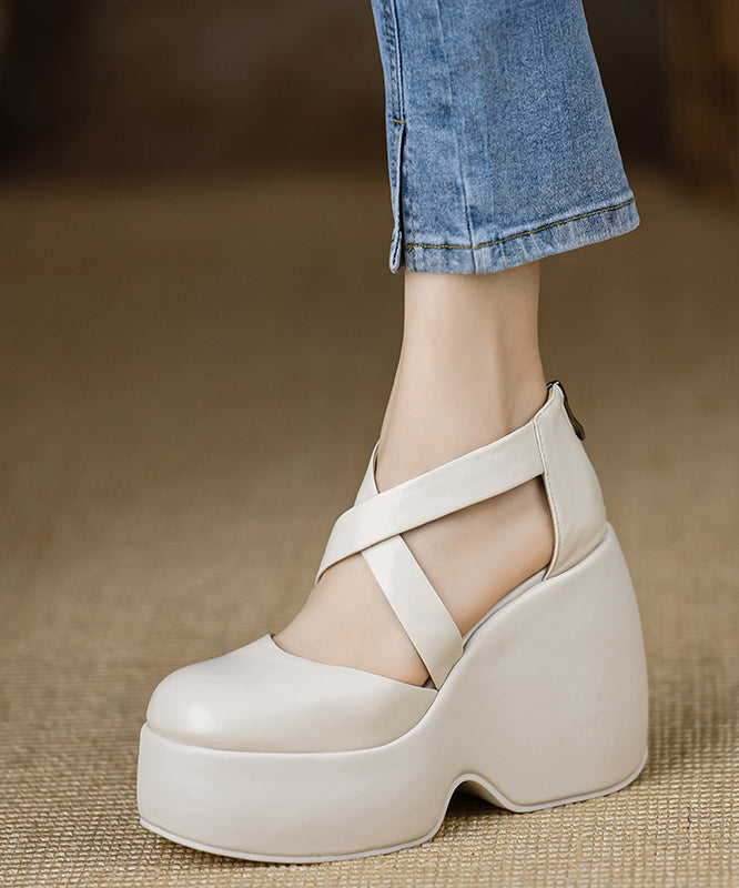 High Cross Sheepskin Black Strap Heels Wedge Splicing Stylish