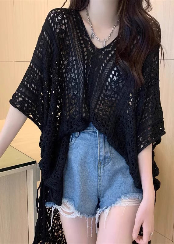 Open Cinched Summer Black Top Hollow Knit Out Side