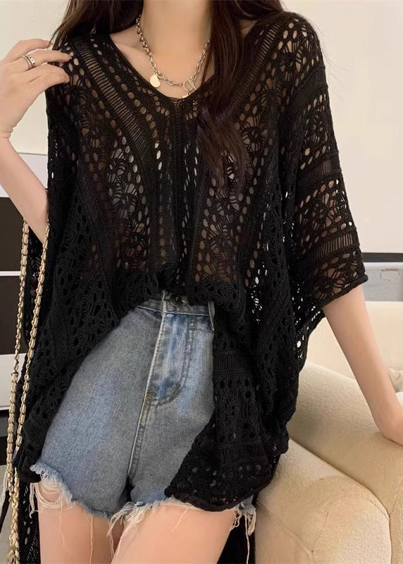 Open Cinched Summer Black Top Hollow Knit Out Side