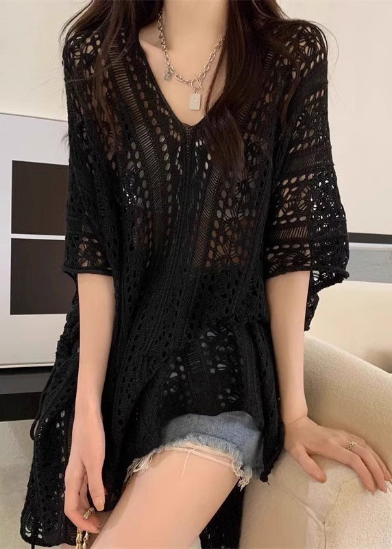 Open Summer Cinched Side Top Out Black Hollow Knit