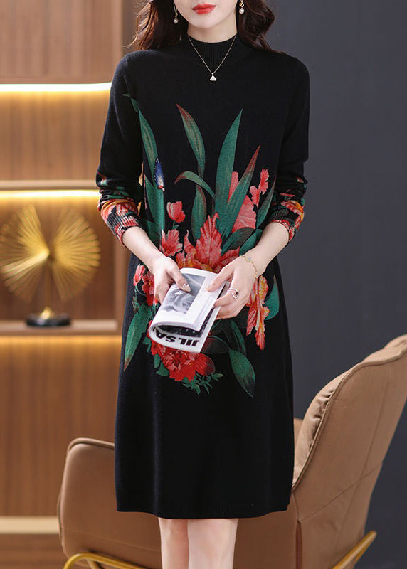 Black Side Open Cozy Wool Knit Dress Turtleneck Spring TB022