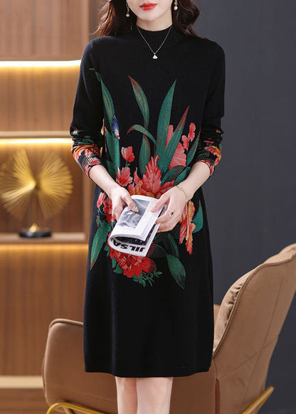 Black Side Open Cozy Wool Knit Dress Turtleneck Spring TB022