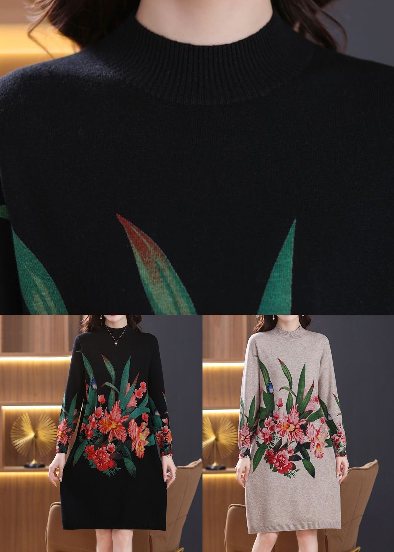 Black Side Open Cozy Wool Knit Dress Turtleneck Spring TB022