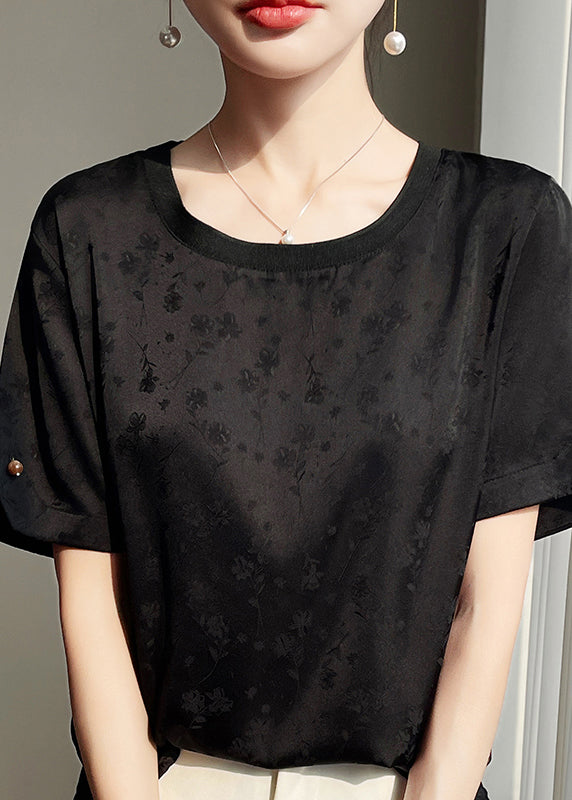 Neck Summer Shirts O Side Open Black Silk