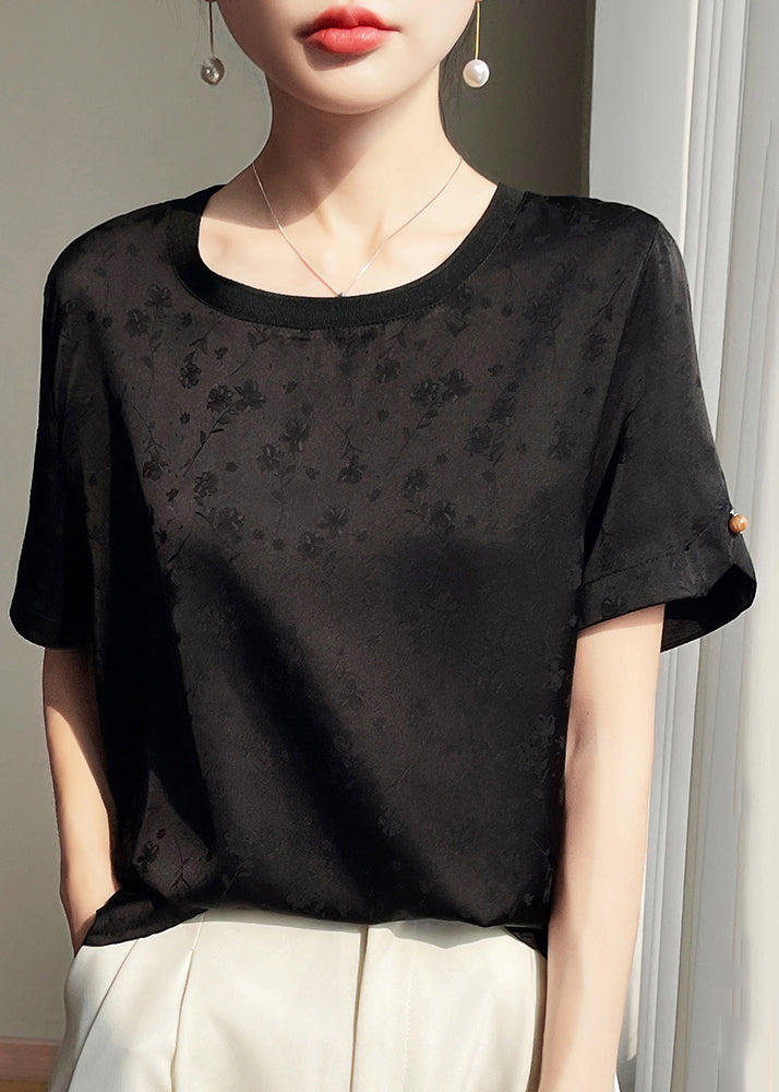 Neck Summer Shirts O Side Open Black Silk