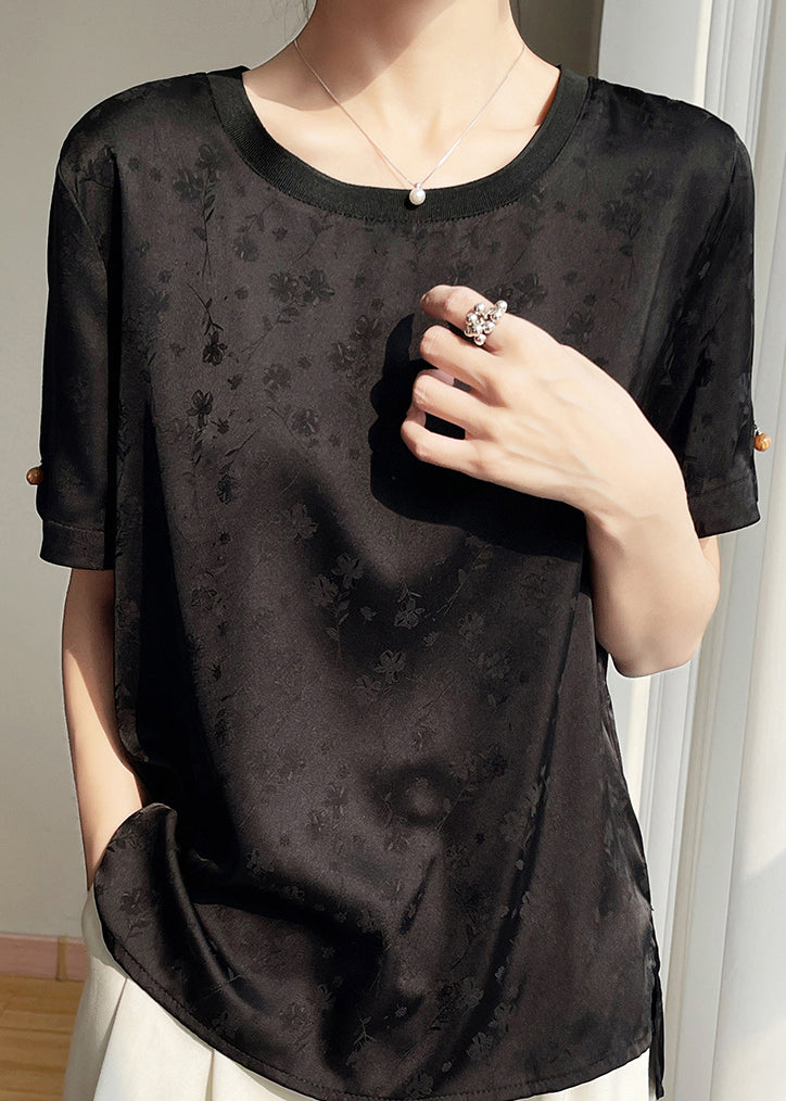 Neck Summer Shirts O Side Open Black Silk