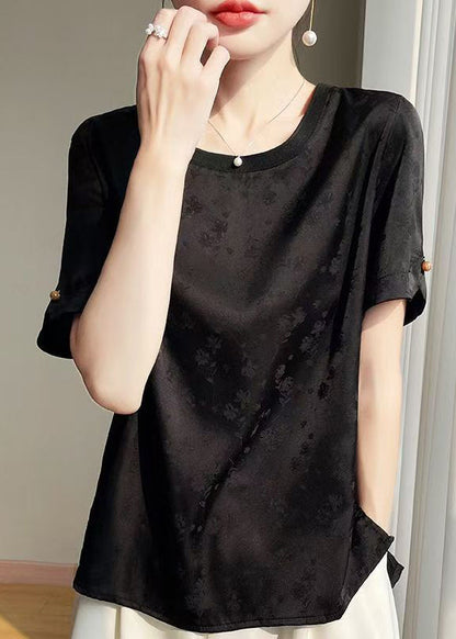 Neck Summer Shirts O Side Open Black Silk