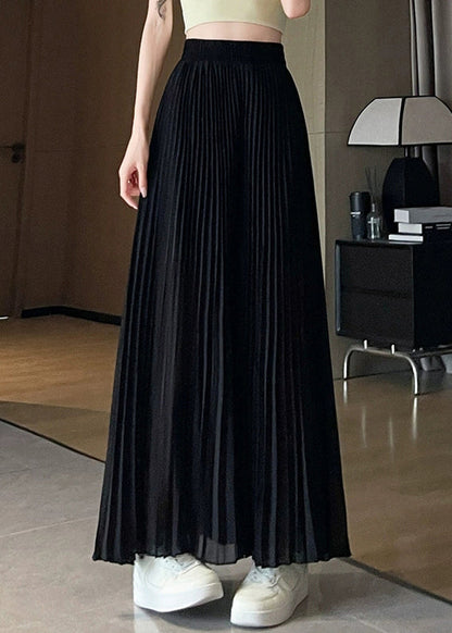 Chiffon Elastic Solid Pants Waist Leg Summer Wide Black