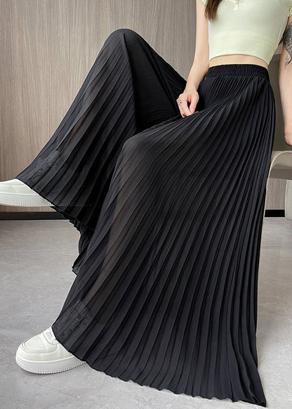 Chiffon Elastic Solid Pants Waist Leg Summer Wide Black