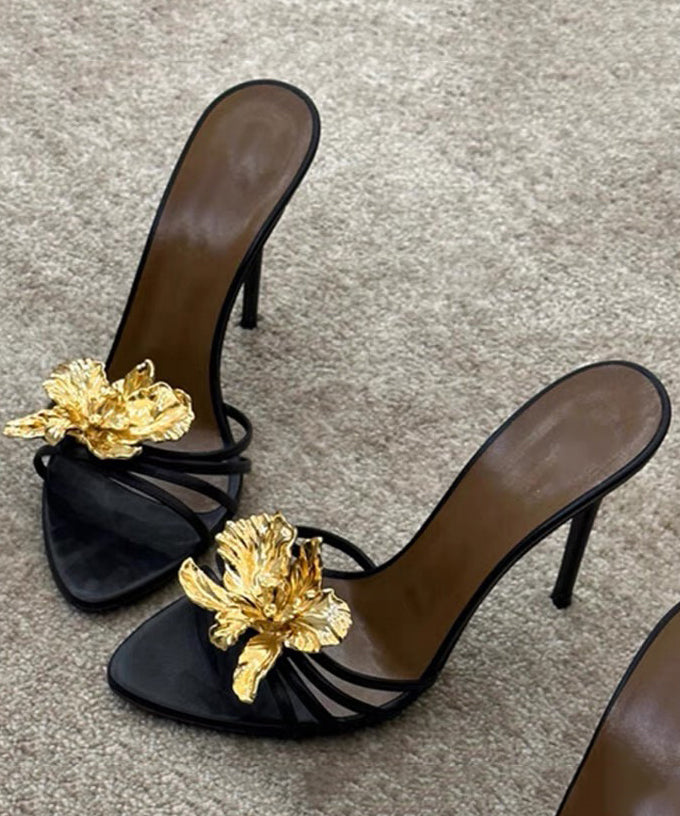 Splicing Floral Slide Sandals Faux Black Fashion Stiletto Leather