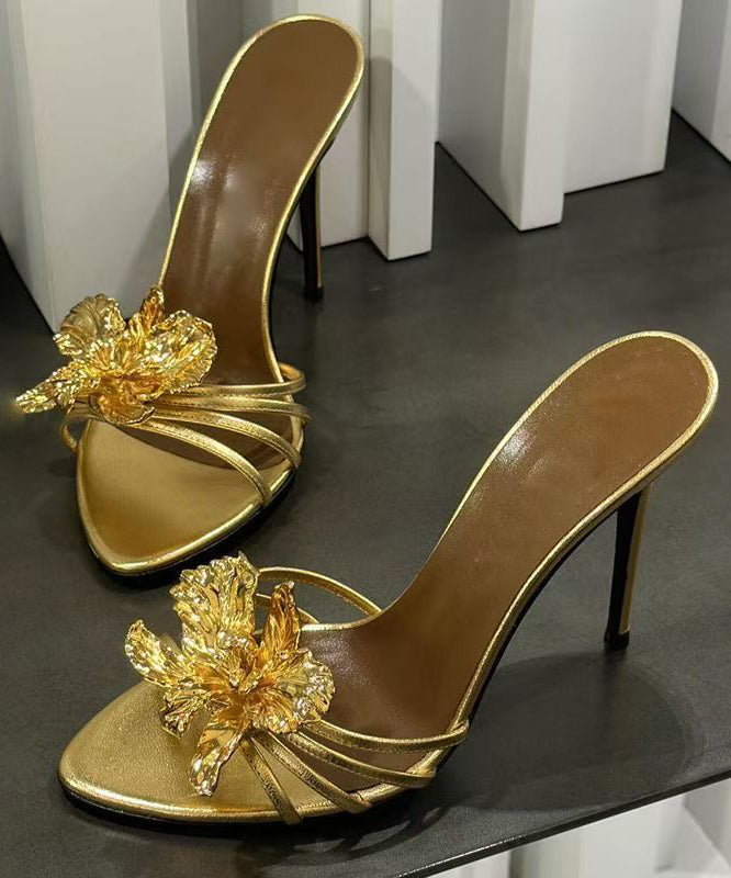 Fashion Leather Floral Stiletto Sandals Black Faux Splicing Slide