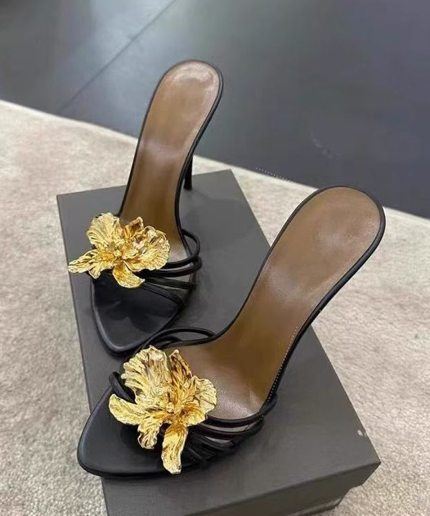 Fashion Leather Floral Stiletto Sandals Black Faux Splicing Slide