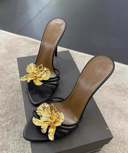 Fashion Leather Floral Stiletto Sandals Black Faux Splicing Slide