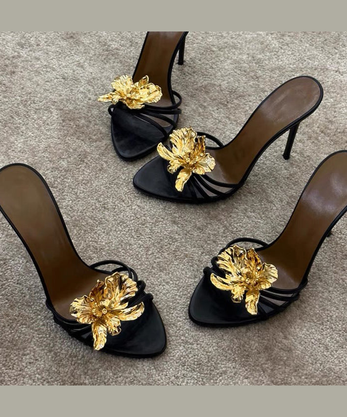 Splicing Floral Slide Sandals Faux Black Fashion Stiletto Leather