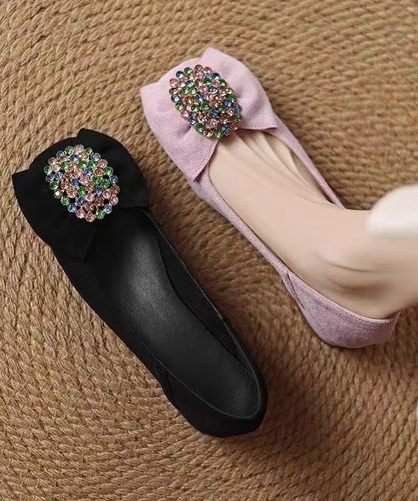 Penny Suede Comfy Loafers Splicing Zircon Black Bow