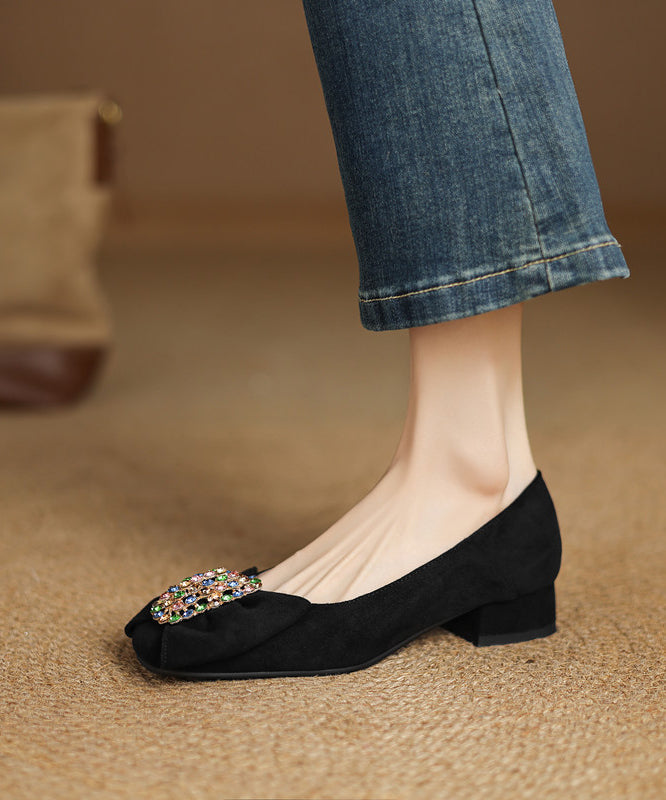 Penny Suede Comfy Loafers Splicing Zircon Black Bow