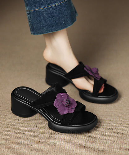 Slide Floral Sandals Suede Peep Toe Splicing Black