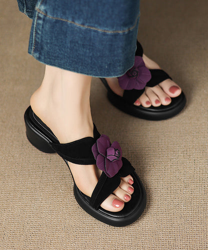 Slide Floral Sandals Suede Peep Toe Splicing Black